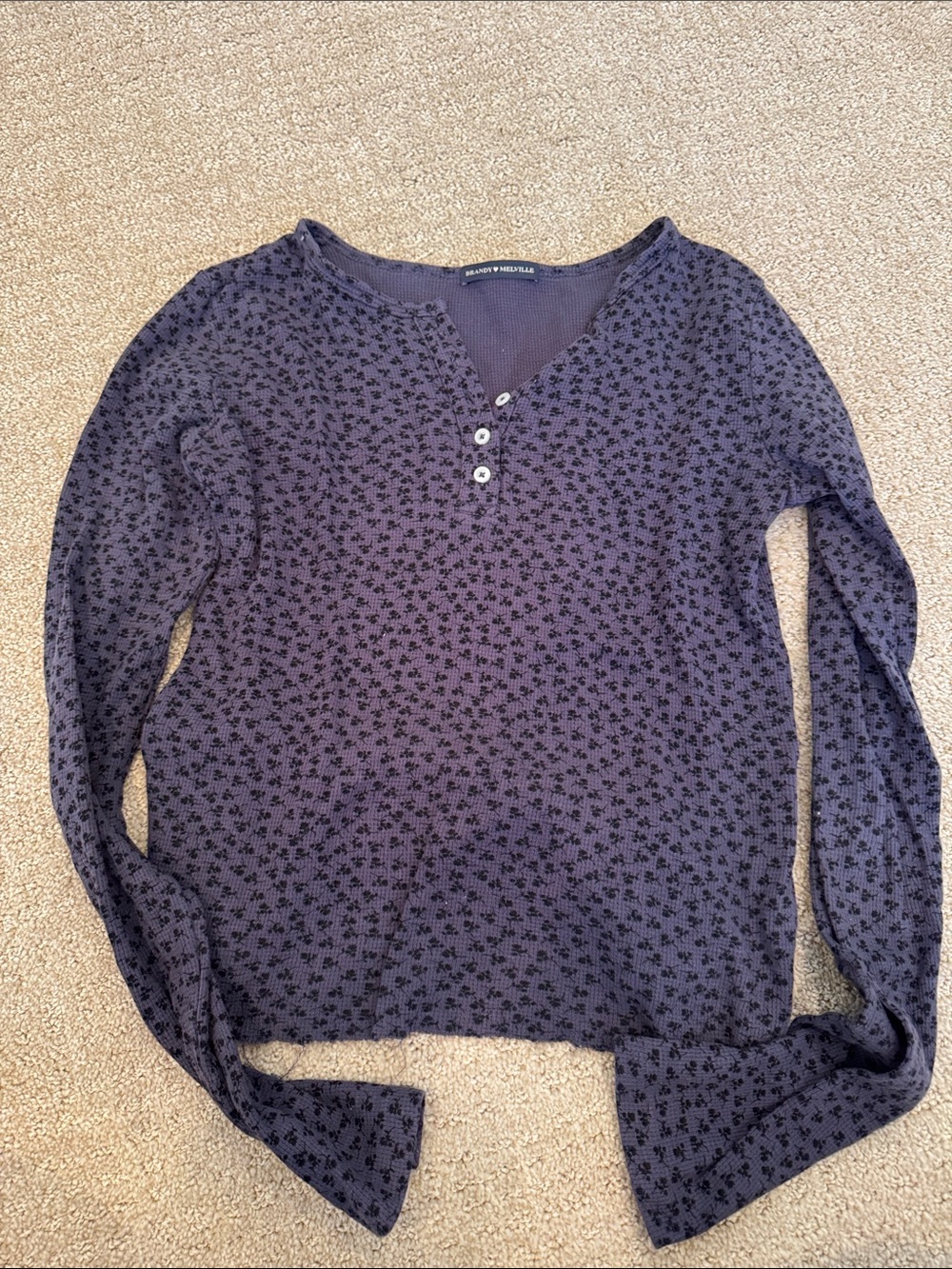Brandy Melville Navy Floral Henley Long-Sleeve Top